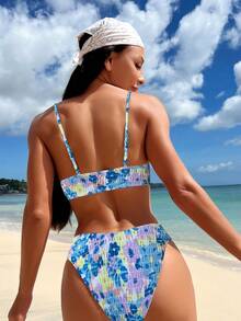 Floral Print Smocked Bikini Set - Multicolor - View 2