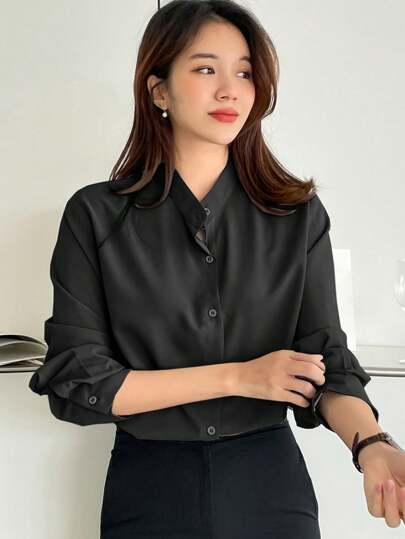 DAZY Solid Button Front Shirt,Long Sleeve Tops