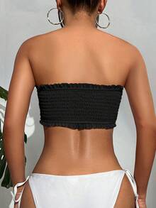 SHEIN 打褶褶邊前打結抹胸比基尼上衣