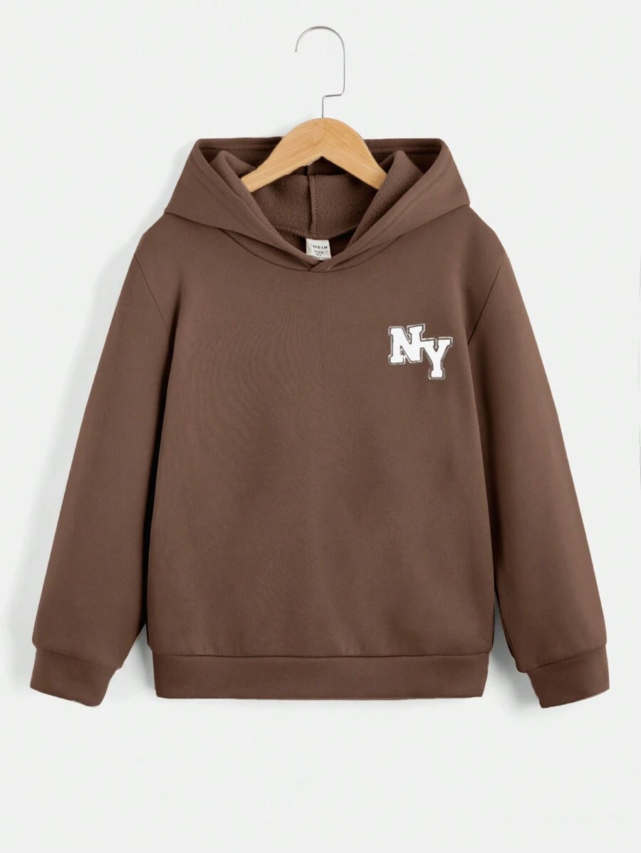 SHEIN Tween Boy Letter Graphic Hooded Thermal Lined Sweatshirt - Brown - View 1