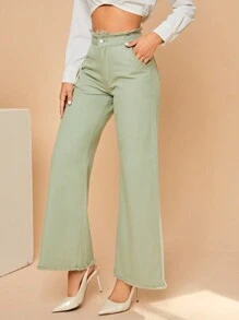 SHEIN Privé 高腰闊腿牛仔褲 - 軍綠色 - 查看 3