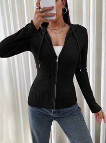 Muchica 1入組拉鍊抽繩連帽夾克 - 黑色 - 查看 1