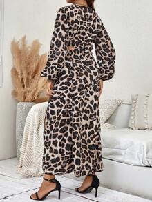 SHEIN Thai sản In hoa Báo Tay áo lồng đèn Top Cây trồng & Vòng eo có thể điều chỉnh Tách đùi Váy - Màu Khaki - Xem 3