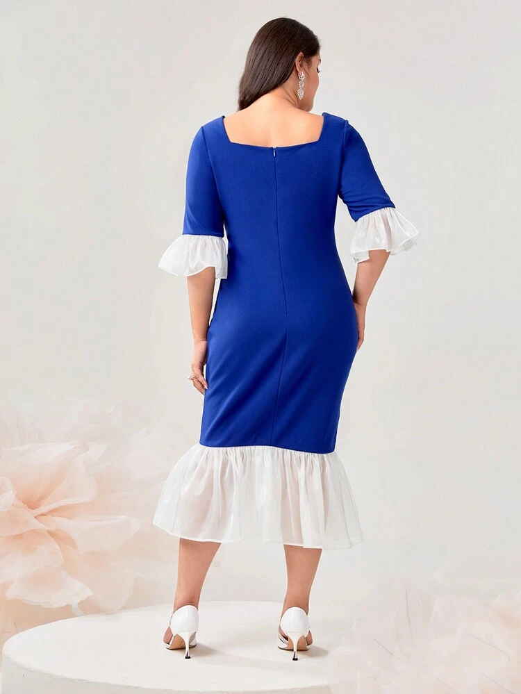 Plus Colorblock Flounce Sleeve Mermaid Hem Dress Without Belt