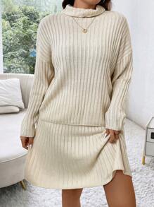 Calvaya Plus Turtleneck Drop Shoulder Sweater & Knit Skirt Fall Cloth For Women - Apricot - View 5