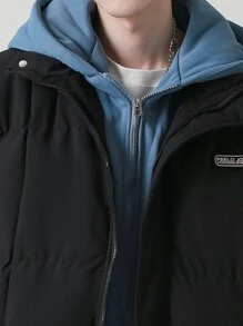 Men Letter Patched Zip Up Padded Coat - Black - View 5