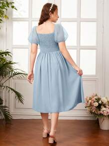 SHEIN Teen Girls Square Neck Puff Sleeve Ruched Bust Dress - Dusty Blue - View 2