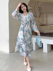DAZY In hoa Tay áo lồng đèn Nút phía trước Đầm - Nhiều màu - Xem 1
