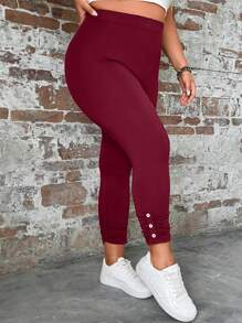 SHEIN LUNE Plus Button Detail Leggings - Burgundy - View 1
