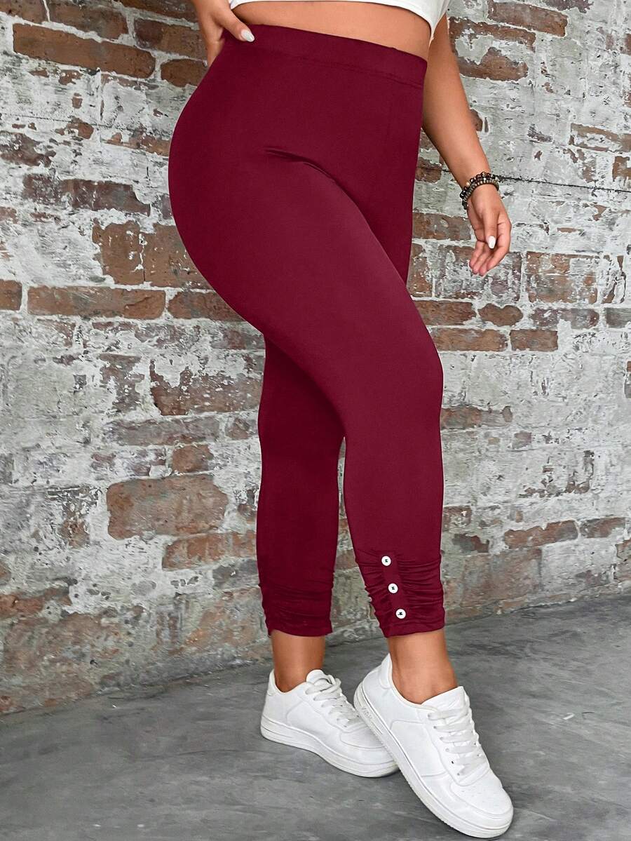 SHEIN LUNE Plus Button Detail Leggings - Burgundy - View 1
