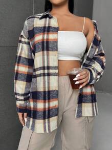 SHEIN EZwear Plus Plaid Print Drop Shoulder Shirt