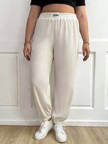 Calvaya Hơn Chi tiết Patched thư Eo đàn hồi Quần thể thao - Màu be - Xem 5