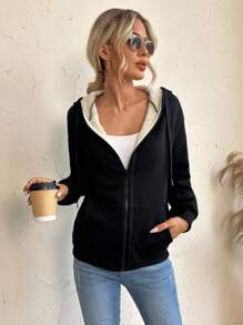 SHEIN Unity Zip Up Drawstring Thermal Lined Hoodie - Black - View 4