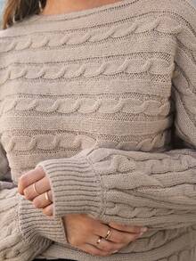 SHEIN Frenchy 素色麻花編織套頭毛衣 - 卡其色 - 查看 2