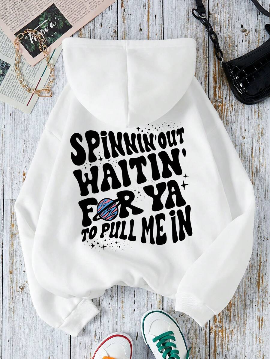 SHEIN EZwear Plus Slogan Graphic Kangaroo Pocket Drawstring Thermal Lined Hoodie - White - View 1