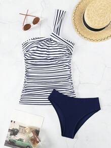 Swim Lushoire Summer Beach Striped Ruched Tankini - Blue and White - View 3