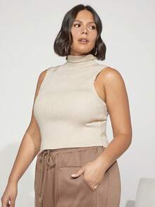 SHEIN BASICS 大碼1 入組高領羅紋針織上衣 - 杏色 - 查看 5