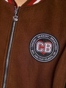 SHEIN X Care Bears 1入組字母拼貼條紋飾邊落肩夾克