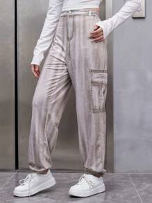 Teen Girl Denim Effect Print Pants - Khaki - View 1