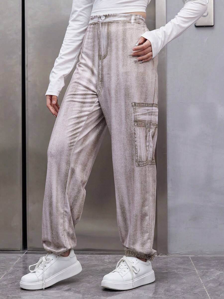 Teen Girl Denim Effect Print Pants - Khaki - View 1