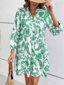 Chiquease 佩斯利印花缺口領荷葉邊娃娃裙 - 綠色 - 查看 5