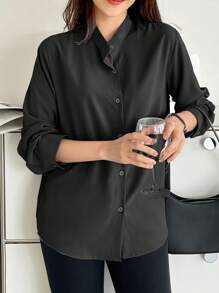 DAZY 纯色纽扣前襟衬衫、长袖上衣 - 黑色 - 查看 2