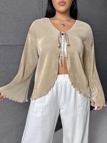 SHEIN EZwear 大碼前繫帶木耳邊喇叭袖襯衫 - 杏色 - 查看 6