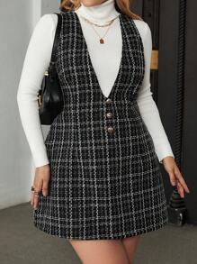 Vionelle 大碼格紋圖案粗花呢背帶洋裝無毛衣 - 黑色 - 查看 1