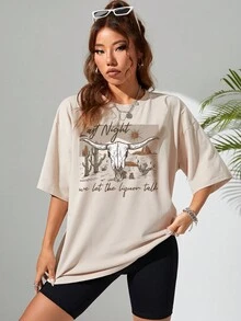 SHEIN EZwear Cattle & Slogan Graphic Drop Shoulder Tee - Apricot - View 5