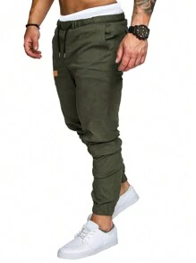 Manfinity Homme Loose Fit Men's Patchwork Detail Drawstring Waist Pants, For Fall - Army Green - View 3