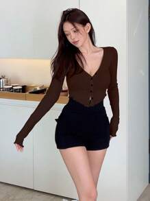 DAZY Solid Button Front Crop Tee - Coffee Brown - View 9