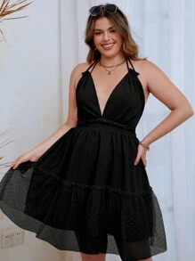 SHEIN LUNE Plus Contrast Mesh Ruffle Hem Tie Backless Halter Dress - Black - View 4