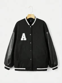 SHEIN EZwear Thư được vá Sọc trang trí Thả vai Áo khoác Đại học - màu đen - Xem 1