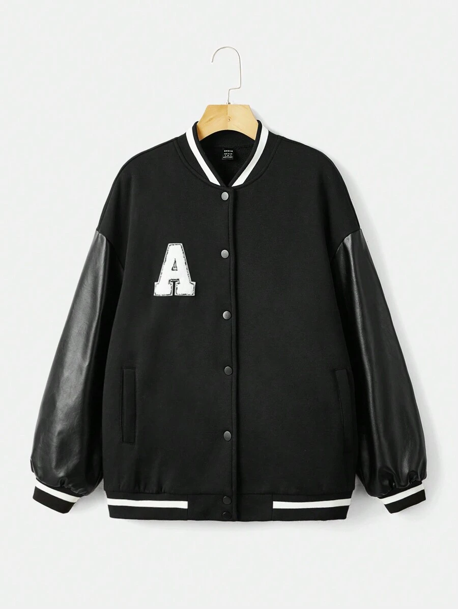 SHEIN EZwear Thư được vá Sọc trang trí Thả vai Áo khoác Đại học - màu đen - Xem 1