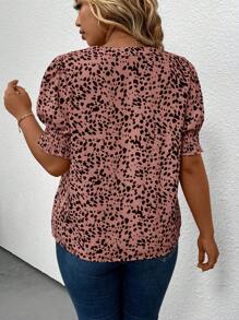 SHEIN LUNE Plus Allover Print Notched Neckline Puff Sleeve Blouse - Red - View 2