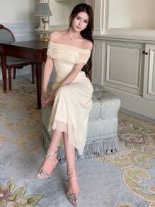 DAZY 纯色露肩褶饰网眼连衣裙优雅晚宴礼服、生日礼服、新年前夜舞会礼服优雅太阳裙、正式女士礼服 - 米色 - 查看 7