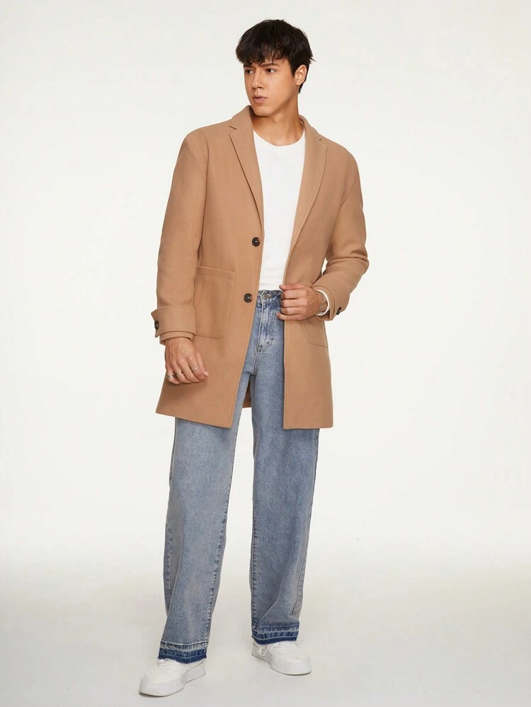Men Lapel Neck Flap Pocket Button Front Overcoat, For Fall Winter