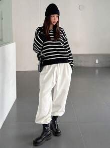 DAZY Mẫu sọc Nút Quay lại Thả vai Áo len - màu đen - Xem 3