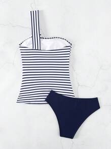 Swim Lushoire Summer Beach Striped Ruched Tankini - Blue and White - View 4