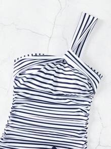 Swim Lushoire Summer Beach Striped Ruched Tankini - Blue and White - View 6