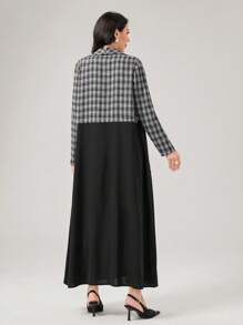 Al Najma Plaid Panel Open Front Abaya - Black and White - View 2