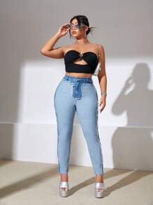 SHEIN ICON 大碼高腰毛邊緣緊身牛仔褲 - 藍色 - 查看 3