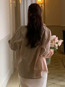 DAZY 素色前紐扣襯衫 - 卡其色 - 查看 2