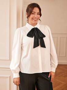 SHEIN Frenchy 大碼前繫帶燈籠袖襯衫 - 白色 - 查看 3