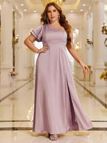 SHEIN Belle Plus 1pc One Shoulder Split Thigh Satin Dress - Dusty Pink - View 1