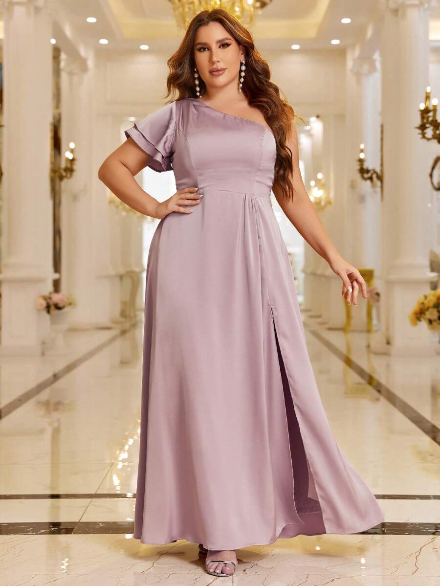 SHEIN Belle Plus 1pc One Shoulder Split Thigh Satin Dress - Dusty Pink - View 1