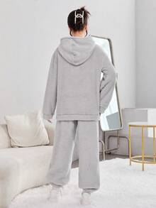 Thiếu niên cô gái Túi kangaroo Teddy Hoodie & Quần - Màu Xám nhạt - Xem 2