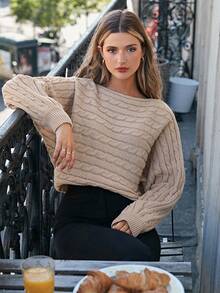 SHEIN Frenchy 素色麻花編織套頭毛衣 - 卡其色 - 查看 3