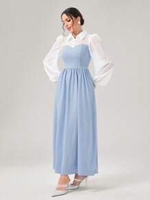 Modelyn Colorblock Long Lantern Sleeve 2 In 1 Modest Dress - Blue and White - View 3