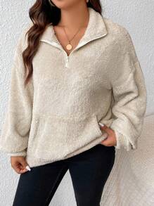 SHEIN Frenchy Hơn Túi kangaroo Thả vai Teddy Áo nỉ - Màu be - Xem 6